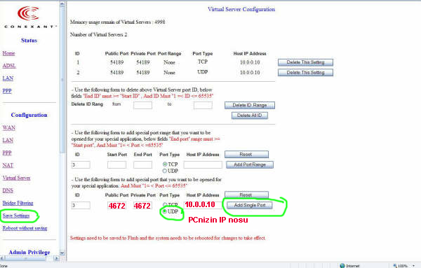 smartax mt882 virtual server udp